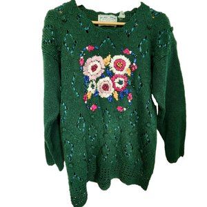 Vintage Emerald Isle Lace Embroidered Green Cardigan Sweater Floral Design S